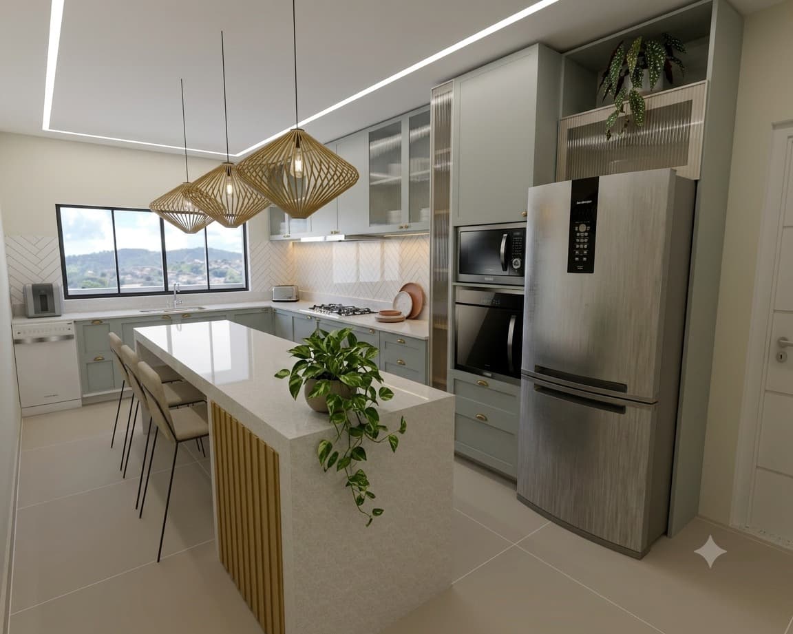 Outro ângulo da mesma cozinha integrada, com ilha central, pendentes em fibra natural e vista para a janela