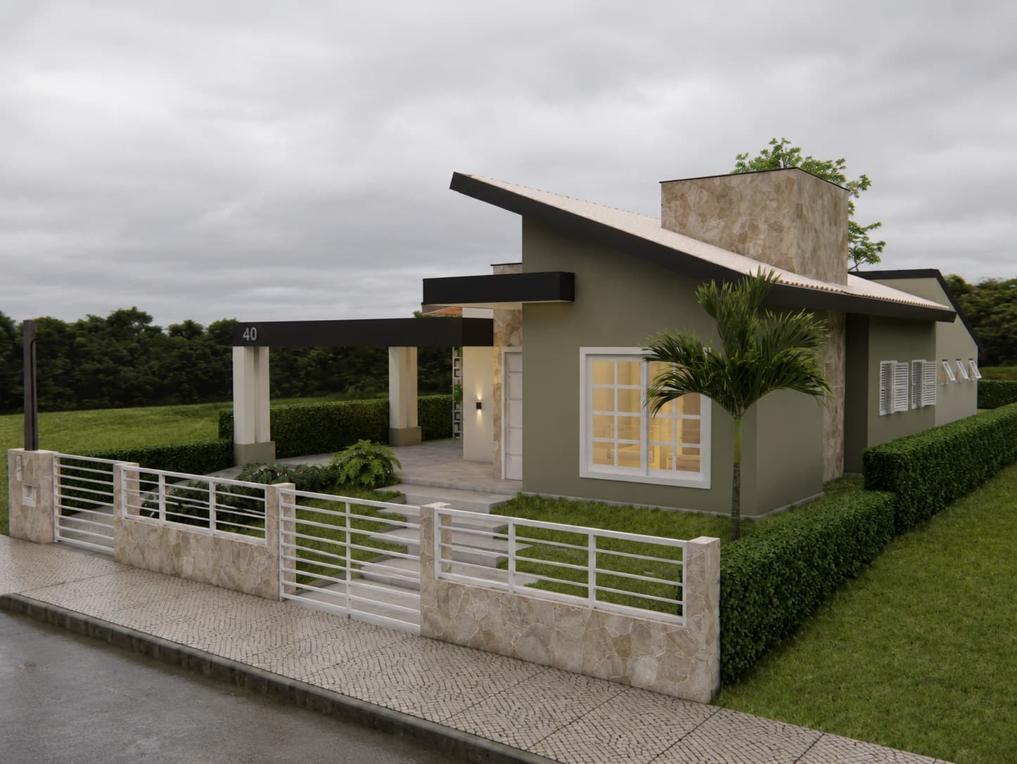 Vista lateral da residência térrea, com jardim frontal e muro em pedra