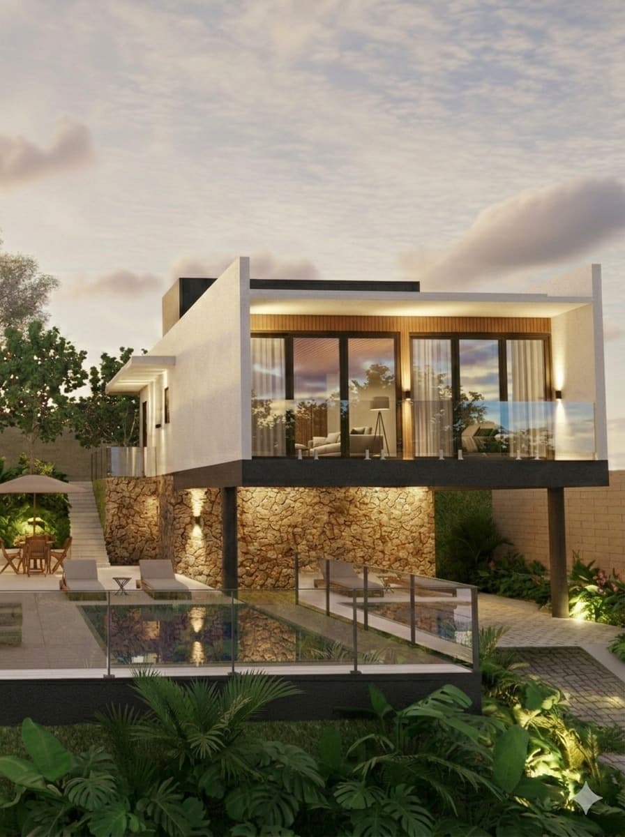 Vista externa ao entardecer de residência em terreno de declive, com piscina e área de estar integrada