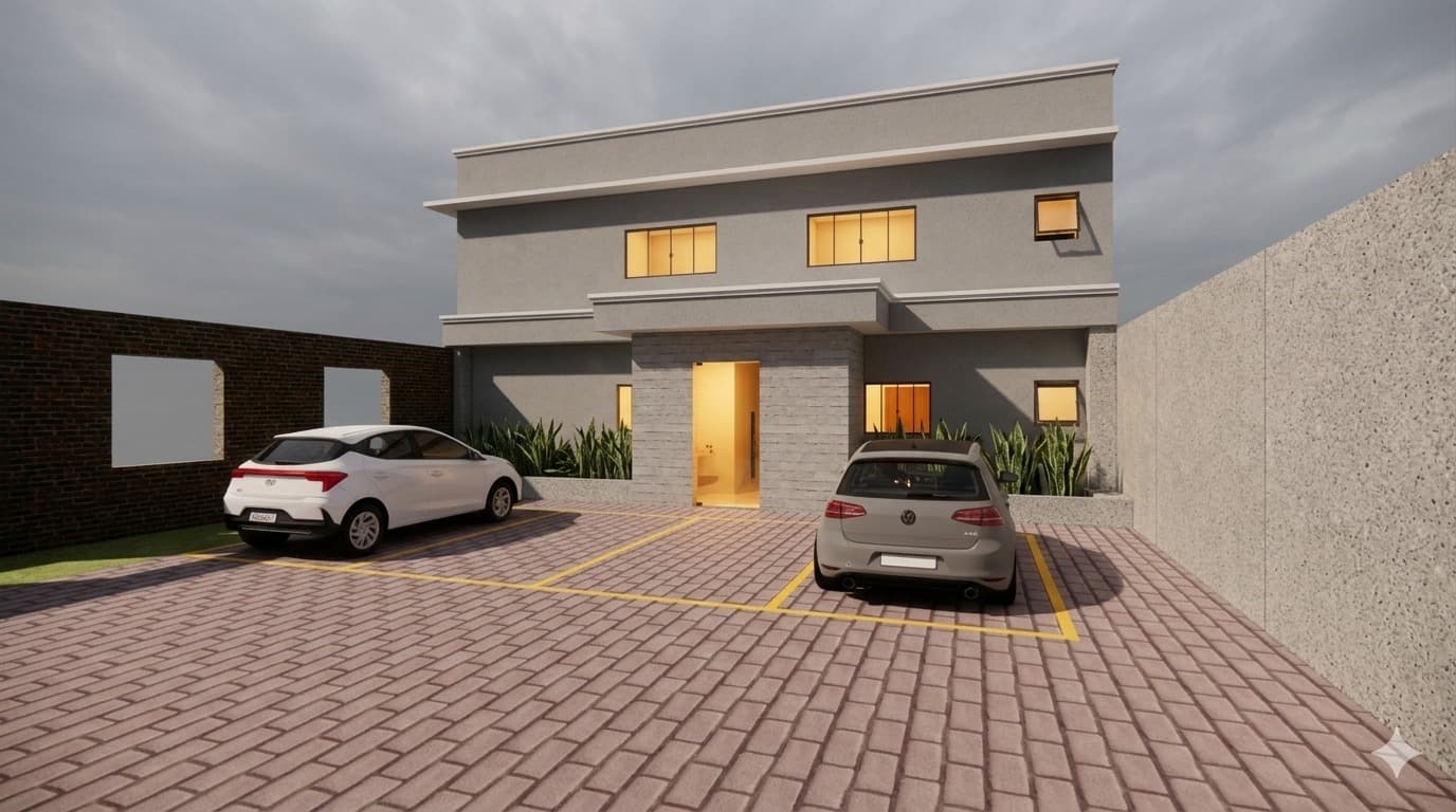 Fachada frontal completa de sobrado contemporâneo, com duas vagas de garagem