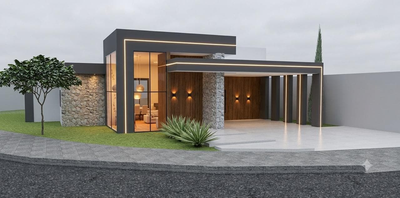 Vista em ângulo da mesma residência térrea, com garagem coberta integrada à fachada